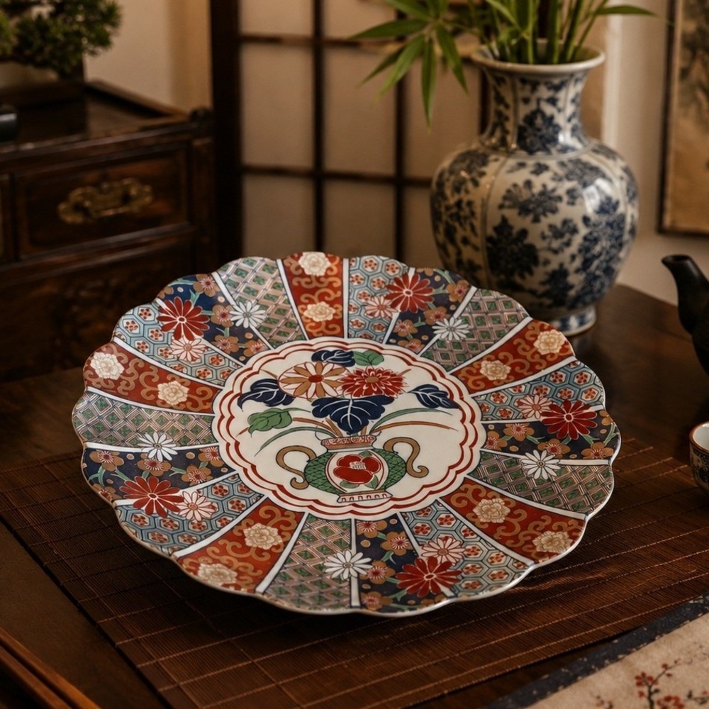Arita 80s‎ Imari Fan Fine Porcelain Charger Plate Scalloped Japan Floral 12 Inch